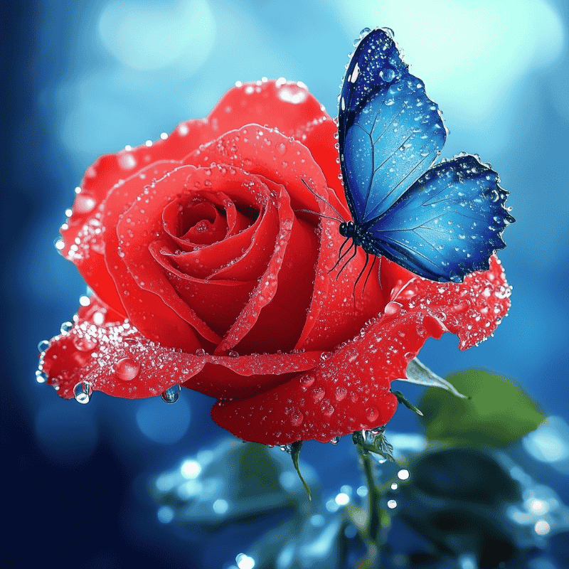 Blauwe vlinder op roos-Diamond Painting