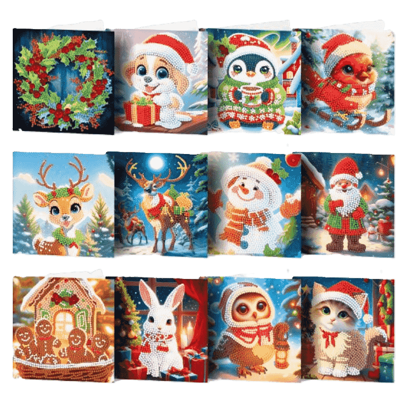 12 Kerstkaarten - Schattige Kerst set-Diamond Painting