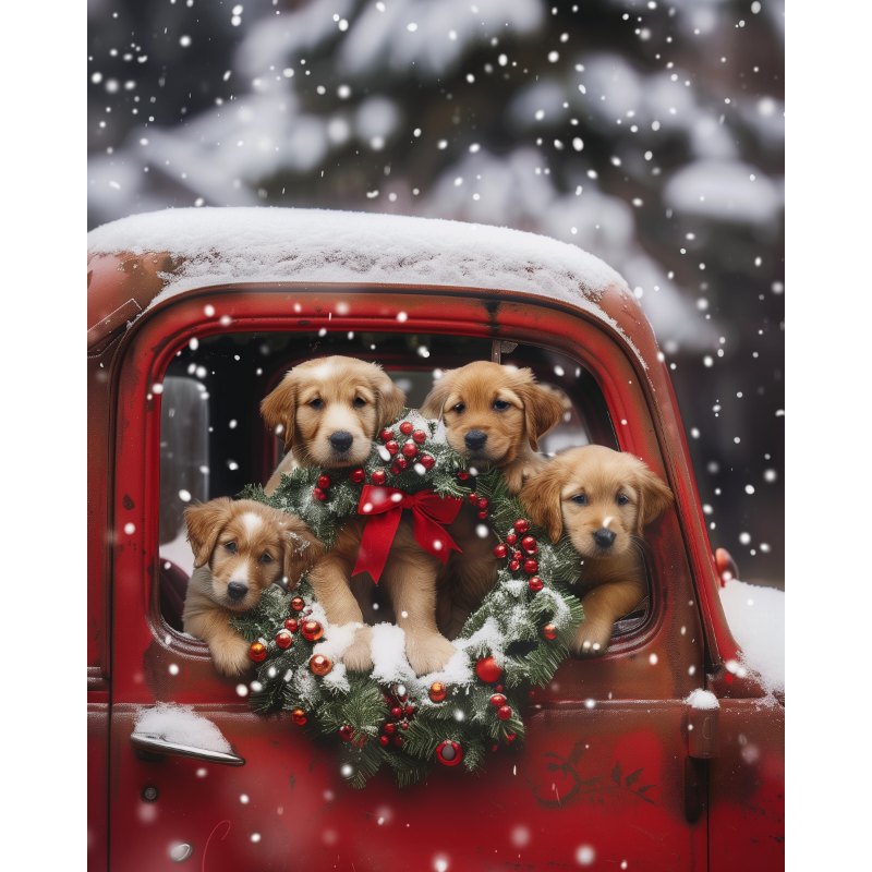 Puppy’s in de rode auto-Diamond Painting