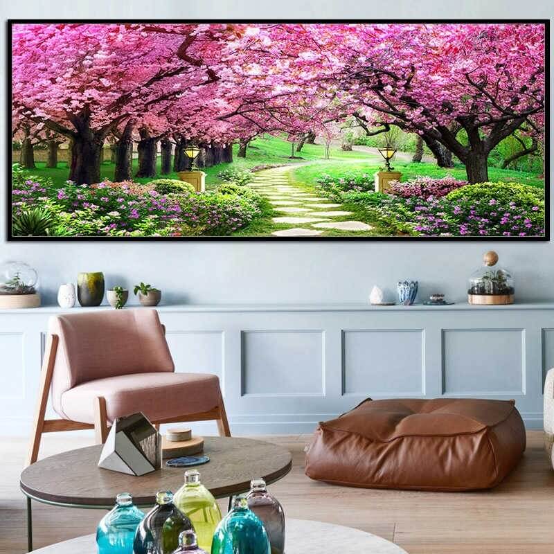 Tuin met roze bomen va. 40x100cm Diamond painting | Eigen foto | Dieren | Kopen | Dikke dames | Action | Nederland | Steentjes | Diamant | Diamond Painting Expert